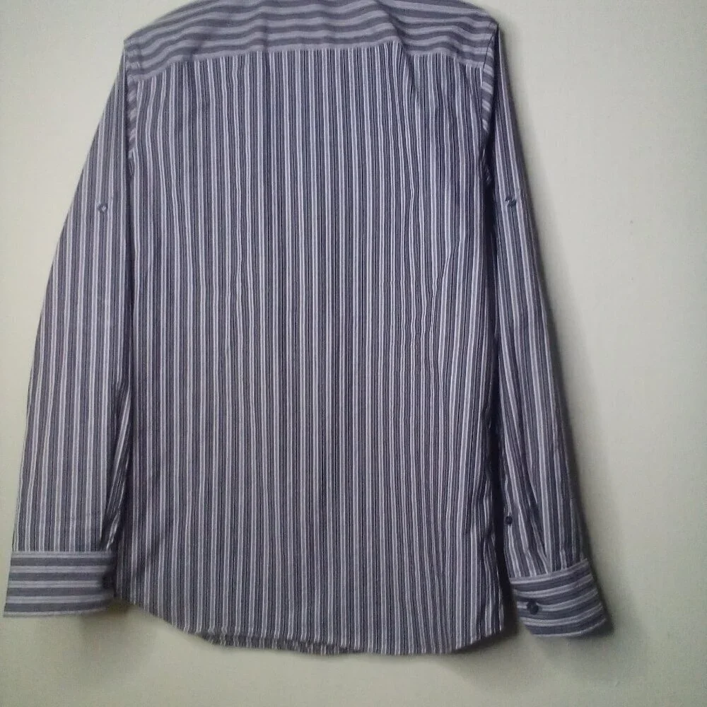 Banana Republic Shirt Men S 14 14 1/2 Slim Fit Button Up Pockets Stripe Gray Red